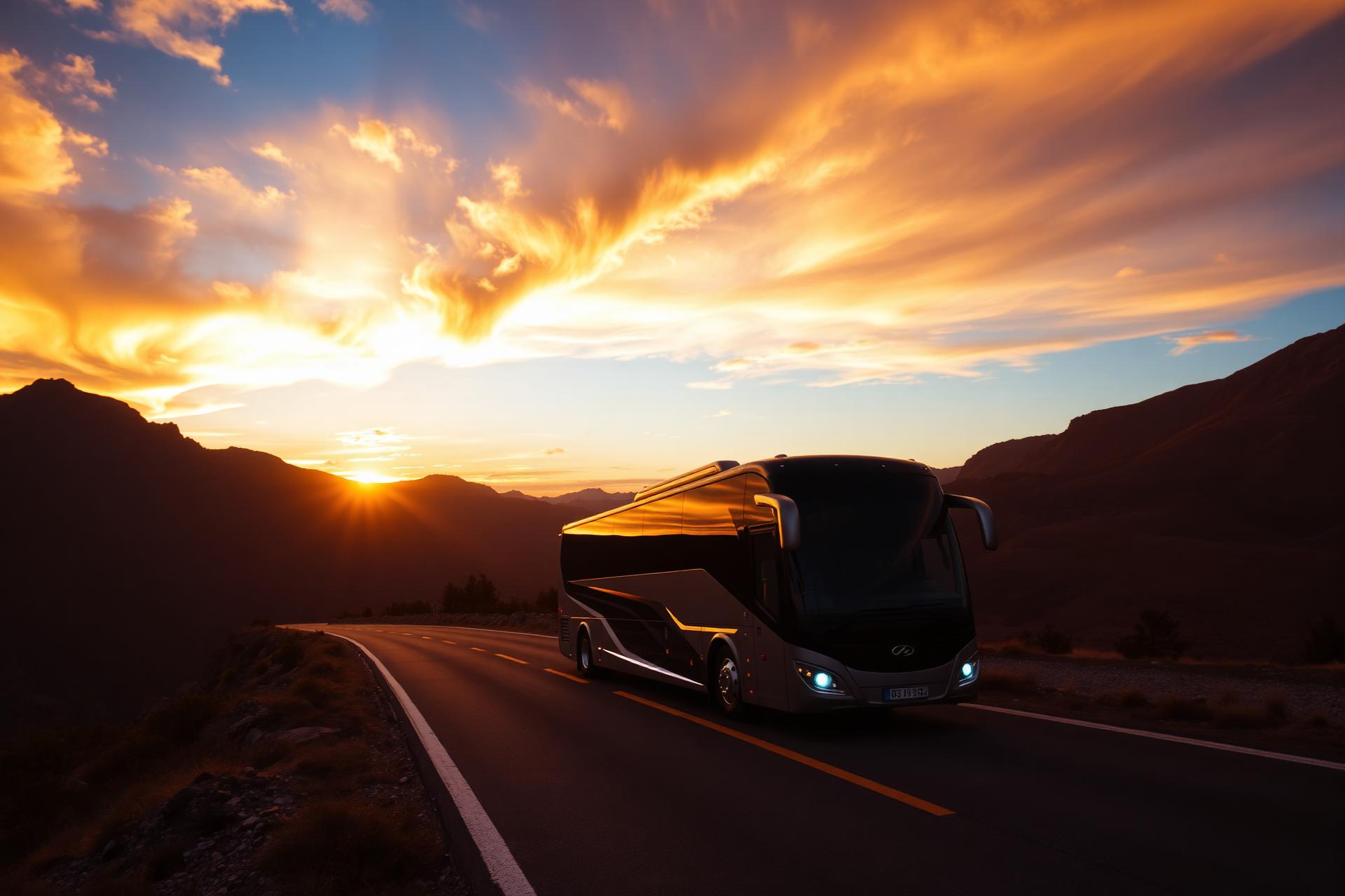 Vicman coach on a mountain road at sunset